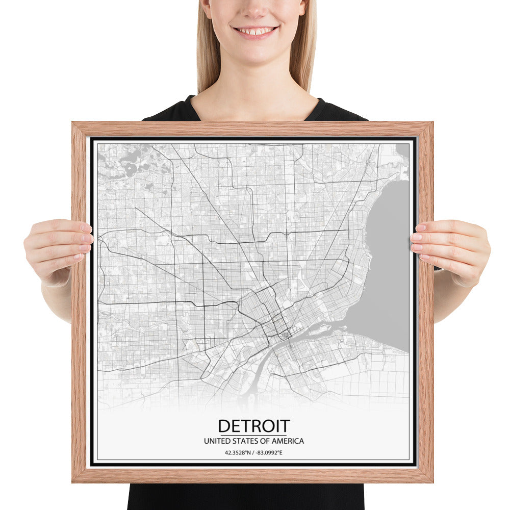 Detroit White Framed Map