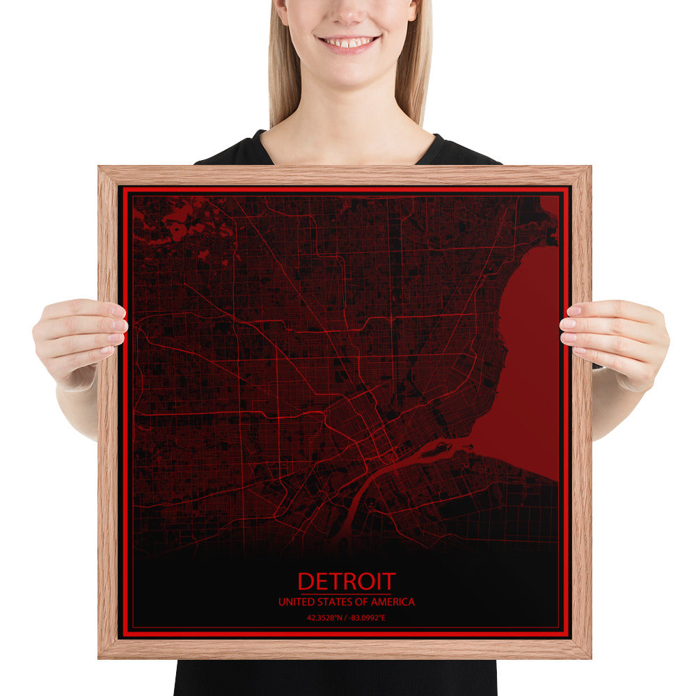 Detroit Black and Red Framed Map