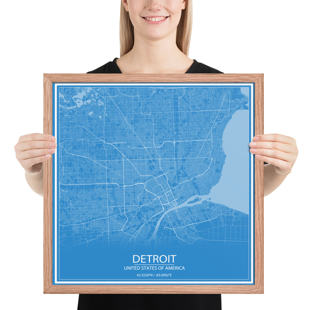 Detroit Blue and White Framed Map