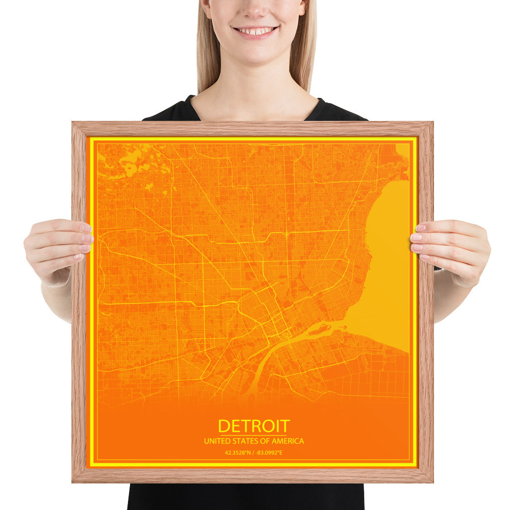 Detroit Orange and Yellow Framed Map