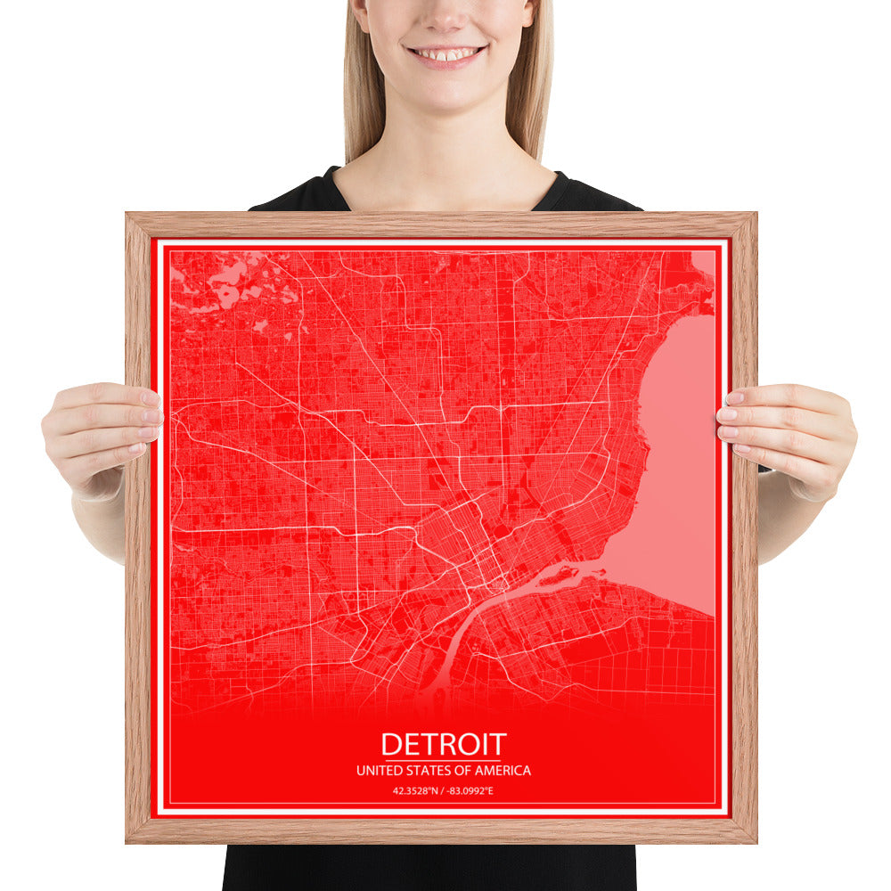 Detroit Red and White Framed Map