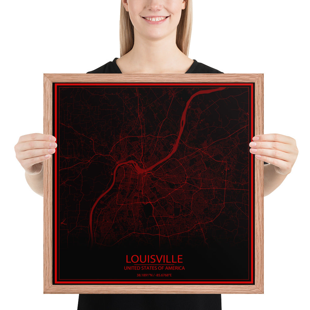 Louisville Black and Red Framed Map