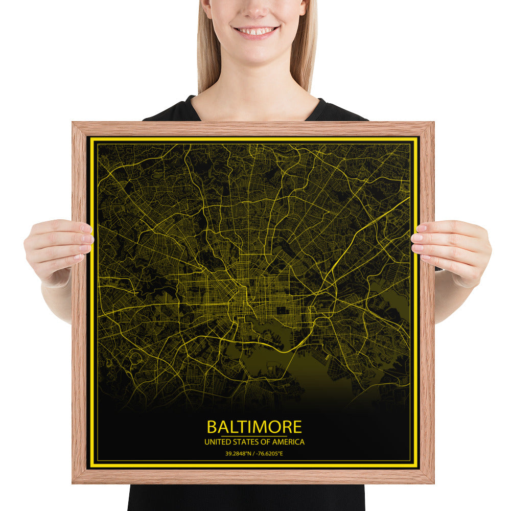 Baltimore Black and Yellow Framed Map