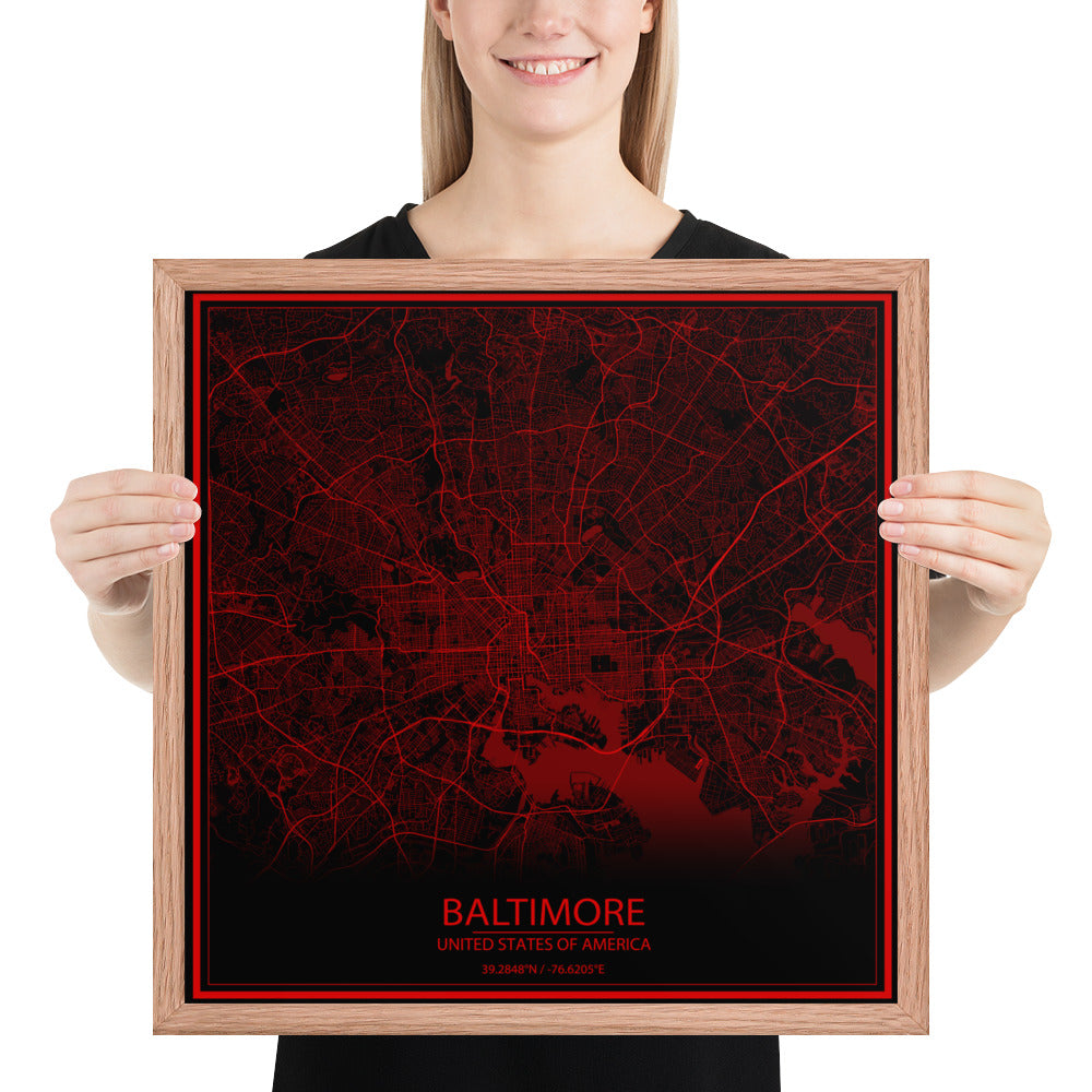 Baltimore Black and Red Framed Map