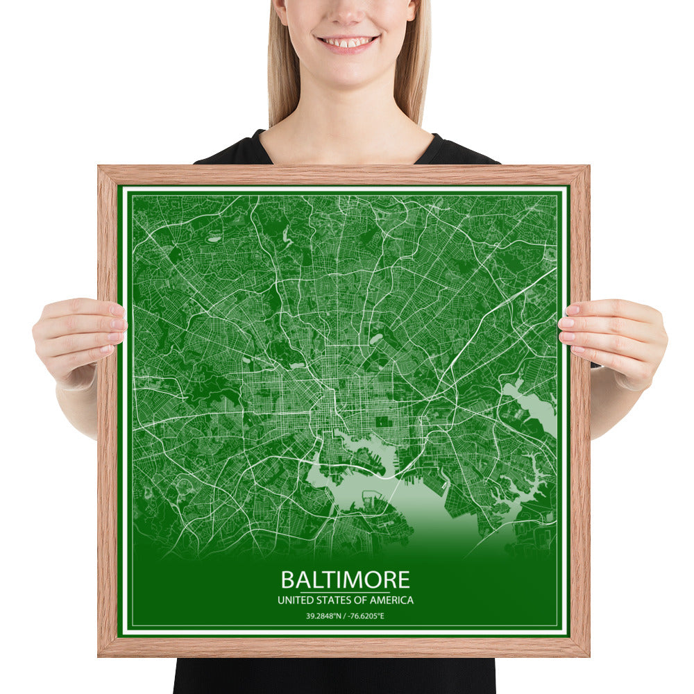 Baltimore Green and White Framed Map