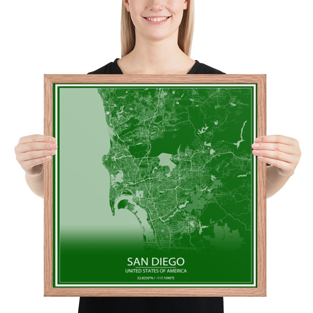 San Diego Green and White Framed Map