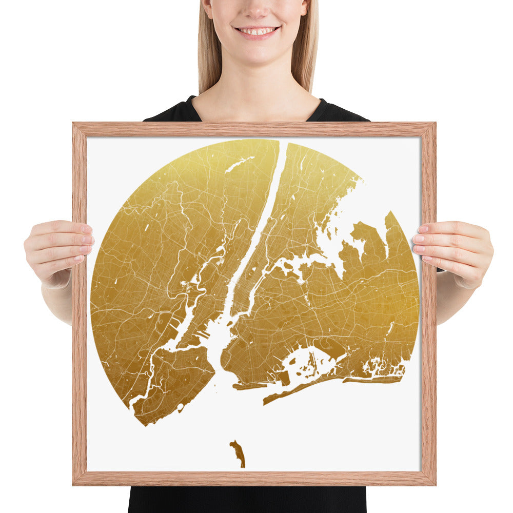 New York Gold on White Framed Map