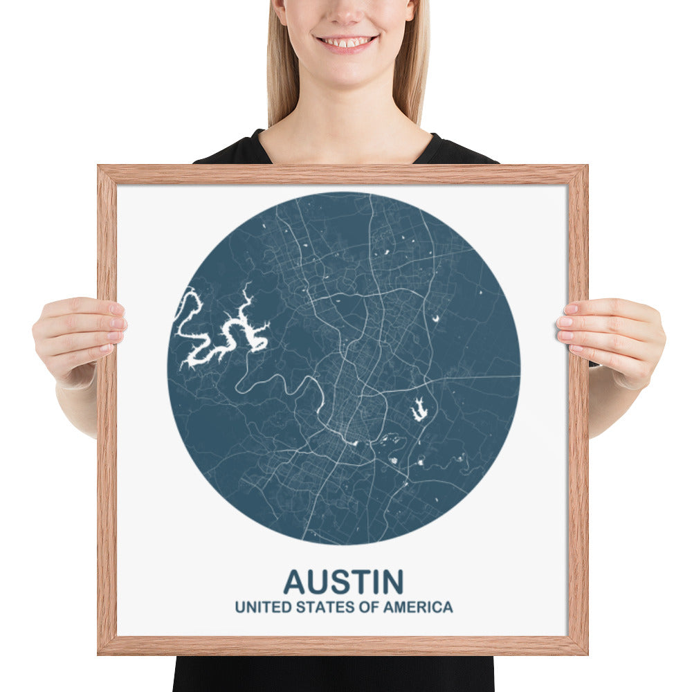 Austin Circular Blue Framed Map