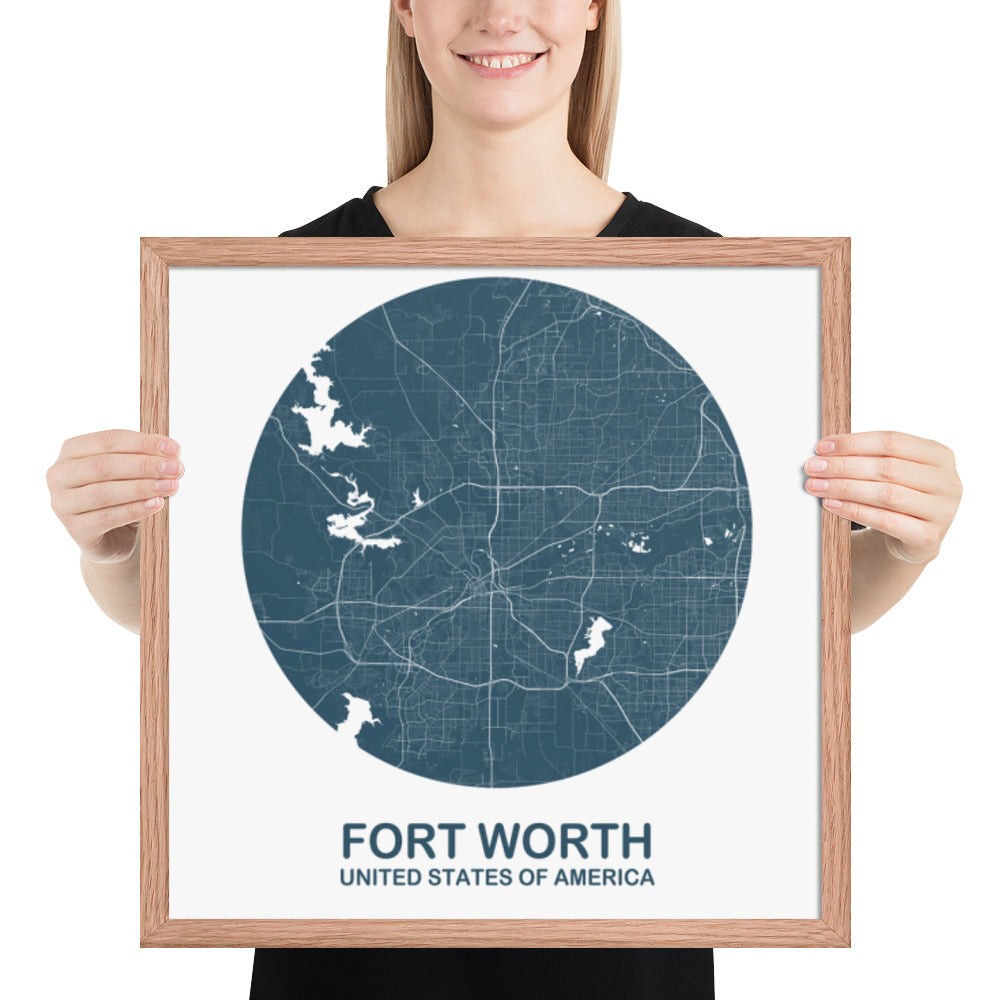 Fort Worth Circular Blue Framed Map