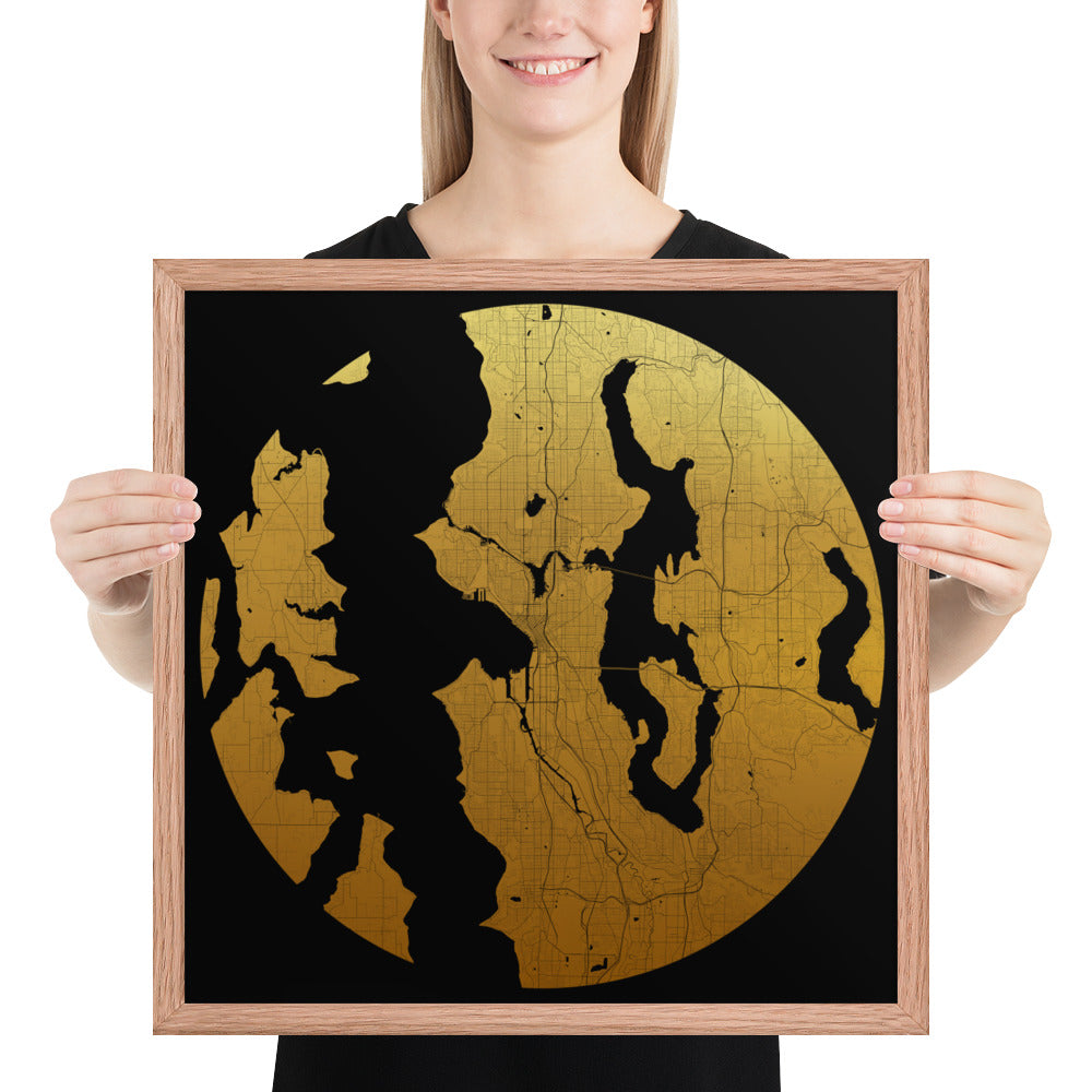 Seattle Gold on Black Framed Map