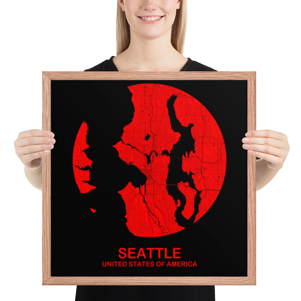 Seattle Circular Red Framed Map