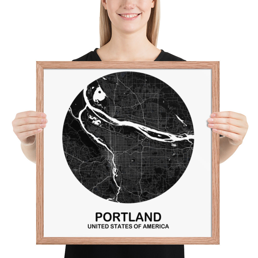 Portland Circular Black Framed Map