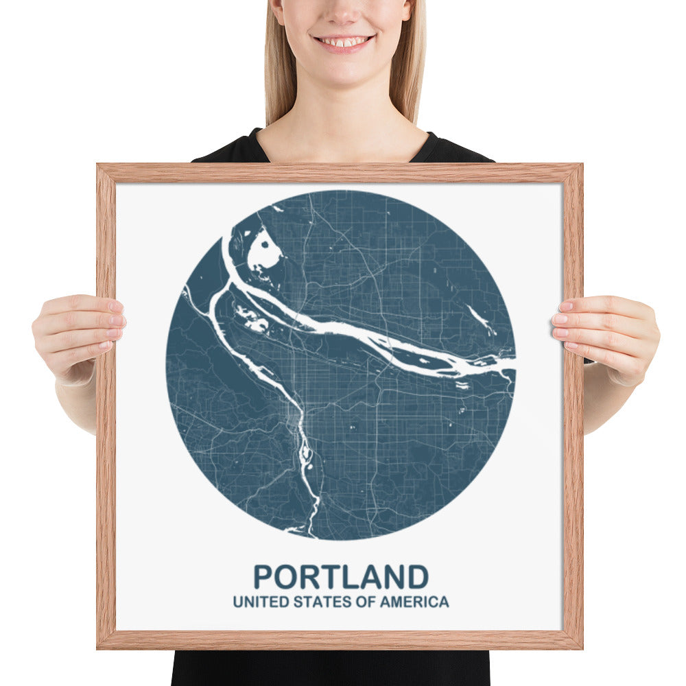 Portland Circular Blue Framed Map