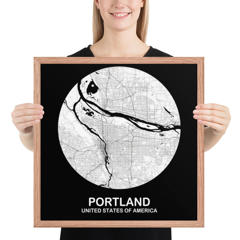 Portland Circular White Framed Map