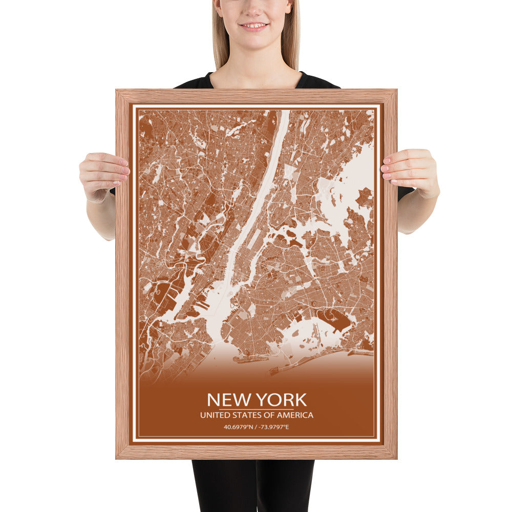 New York Brown and White Framed Map