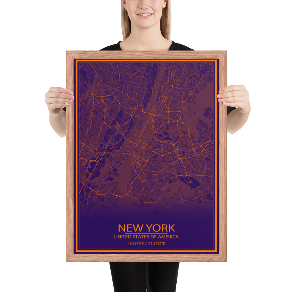 New York Purple and Orange Framed Map