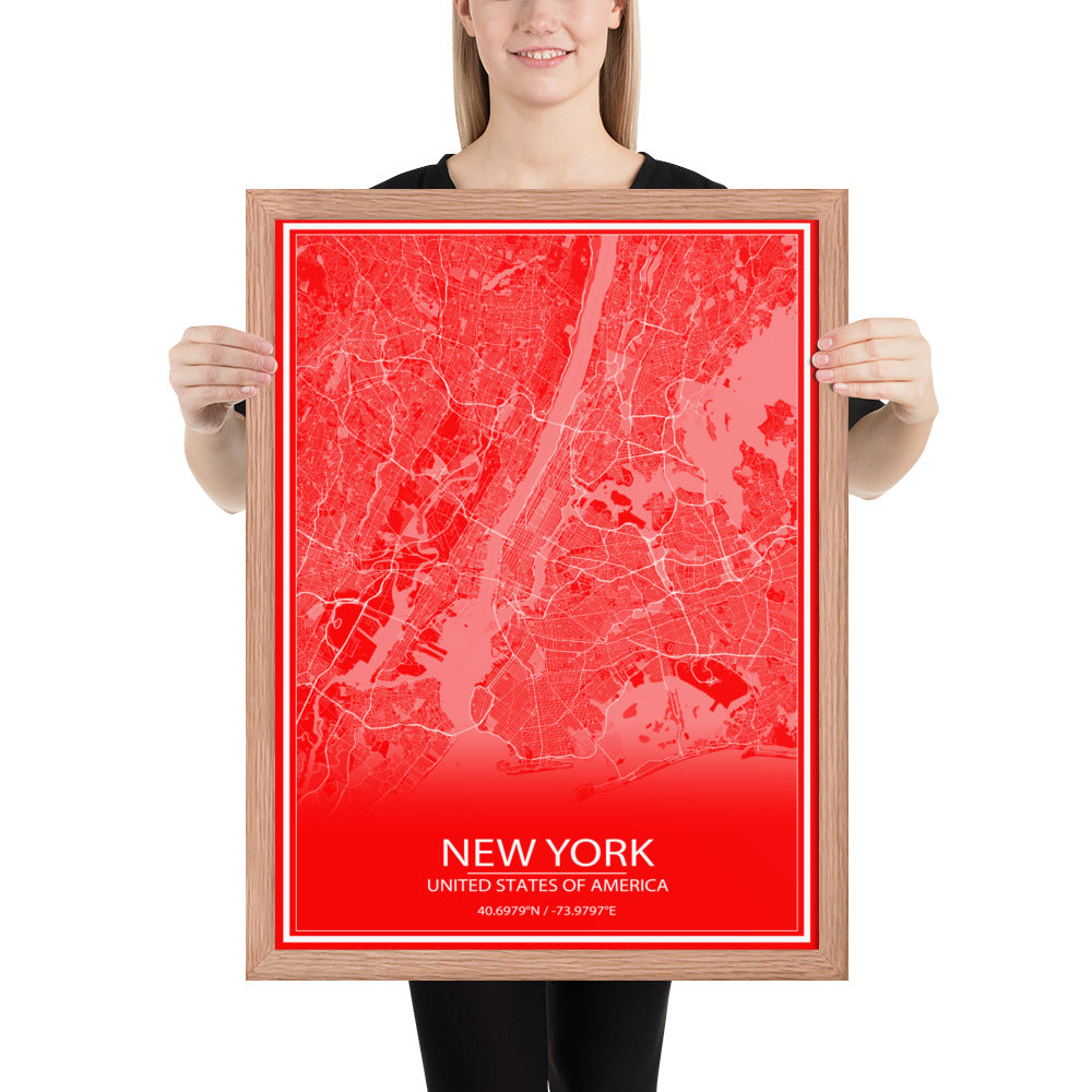 New York Red and White Framed Map