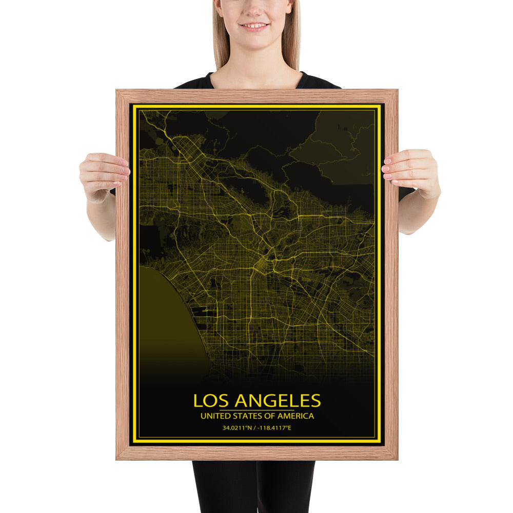 Los Angeles Black and Yellow Framed Map