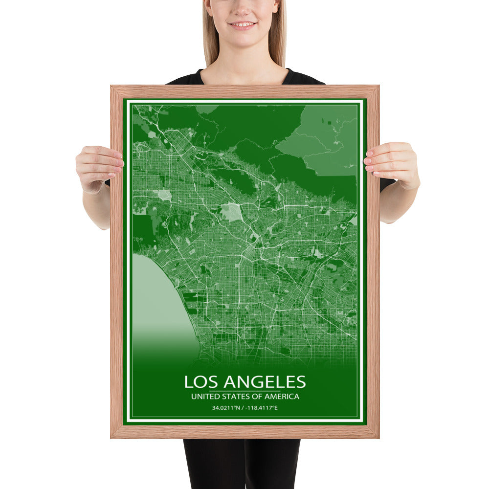 Los Angeles Green and White Framed Map