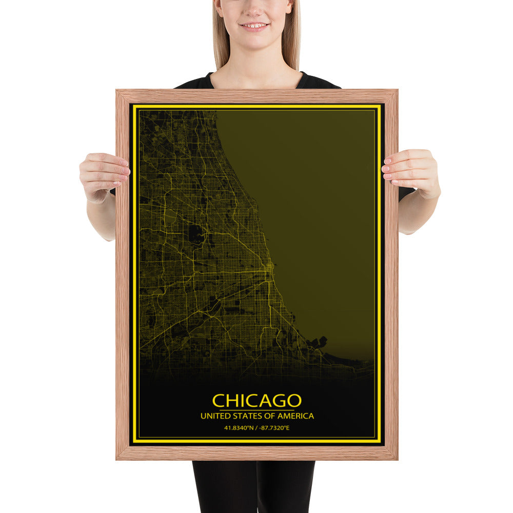 Chicago Black and Yellow Framed Map