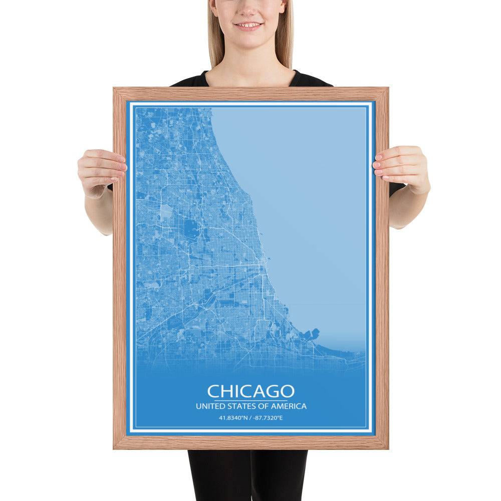 Chicago Blue and White Framed Map