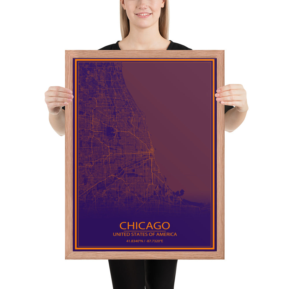 Chicago Purple and Orange Framed Map