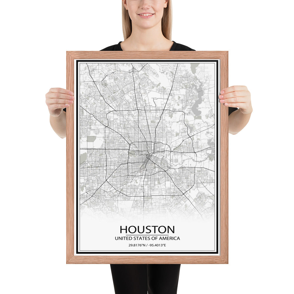 Houston White Framed Map