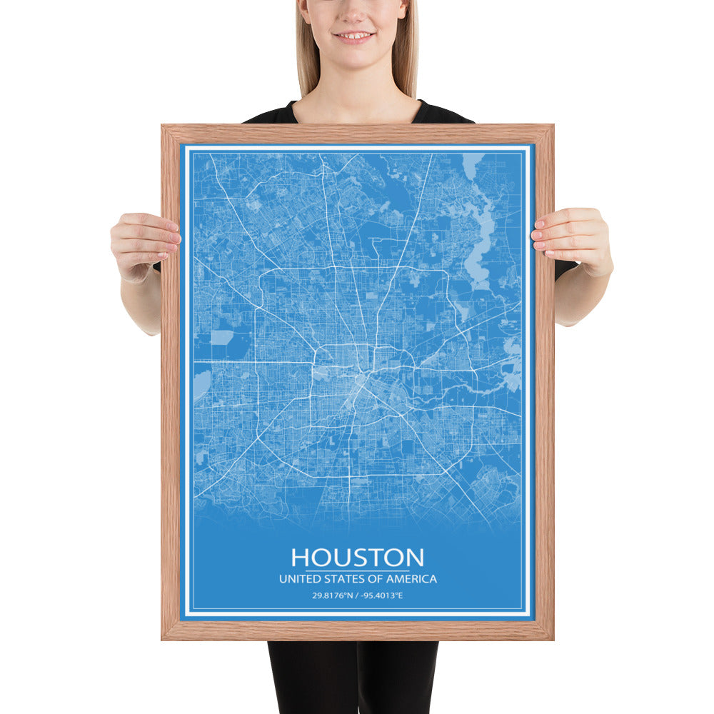 Houston Blue and White Framed Map