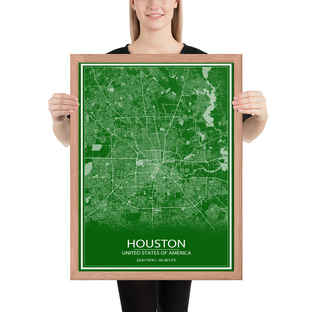 Houston Green and White Framed Map