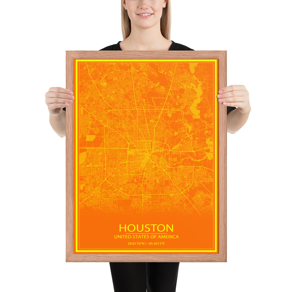 Houston Orange and Yellow Framed Map