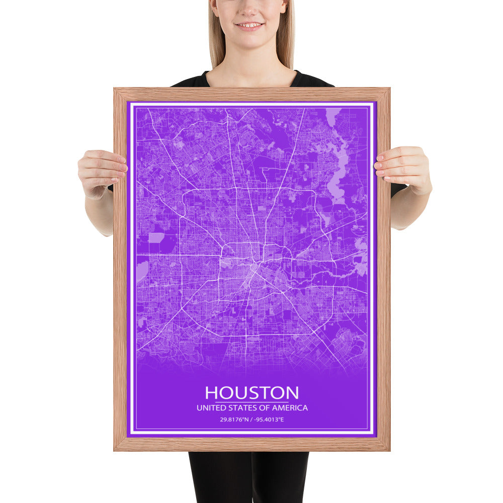 Houston Purple and White Framed Map