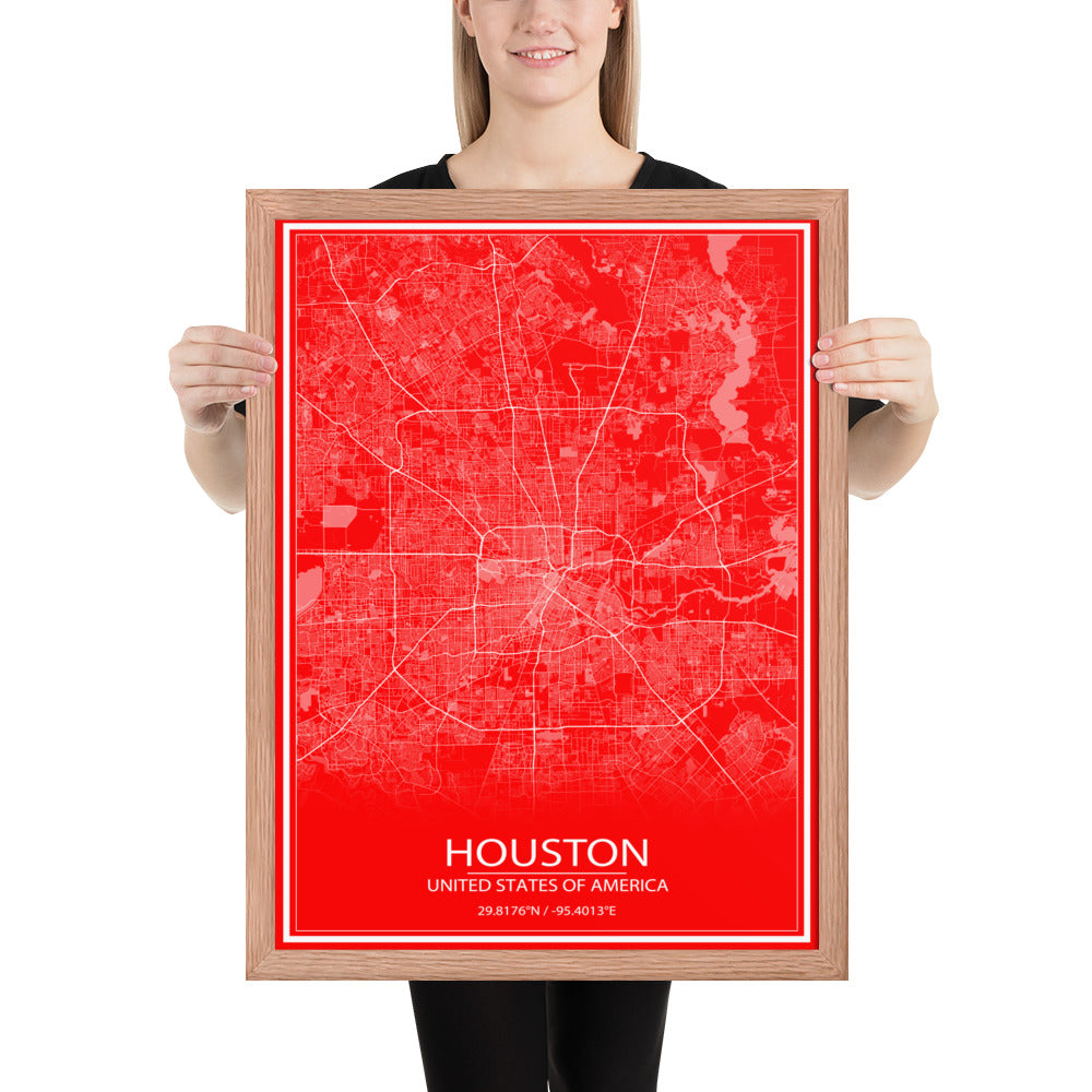 Houston Red and White Framed Map