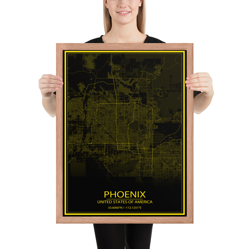 Phoenix Black and Yellow Framed Map