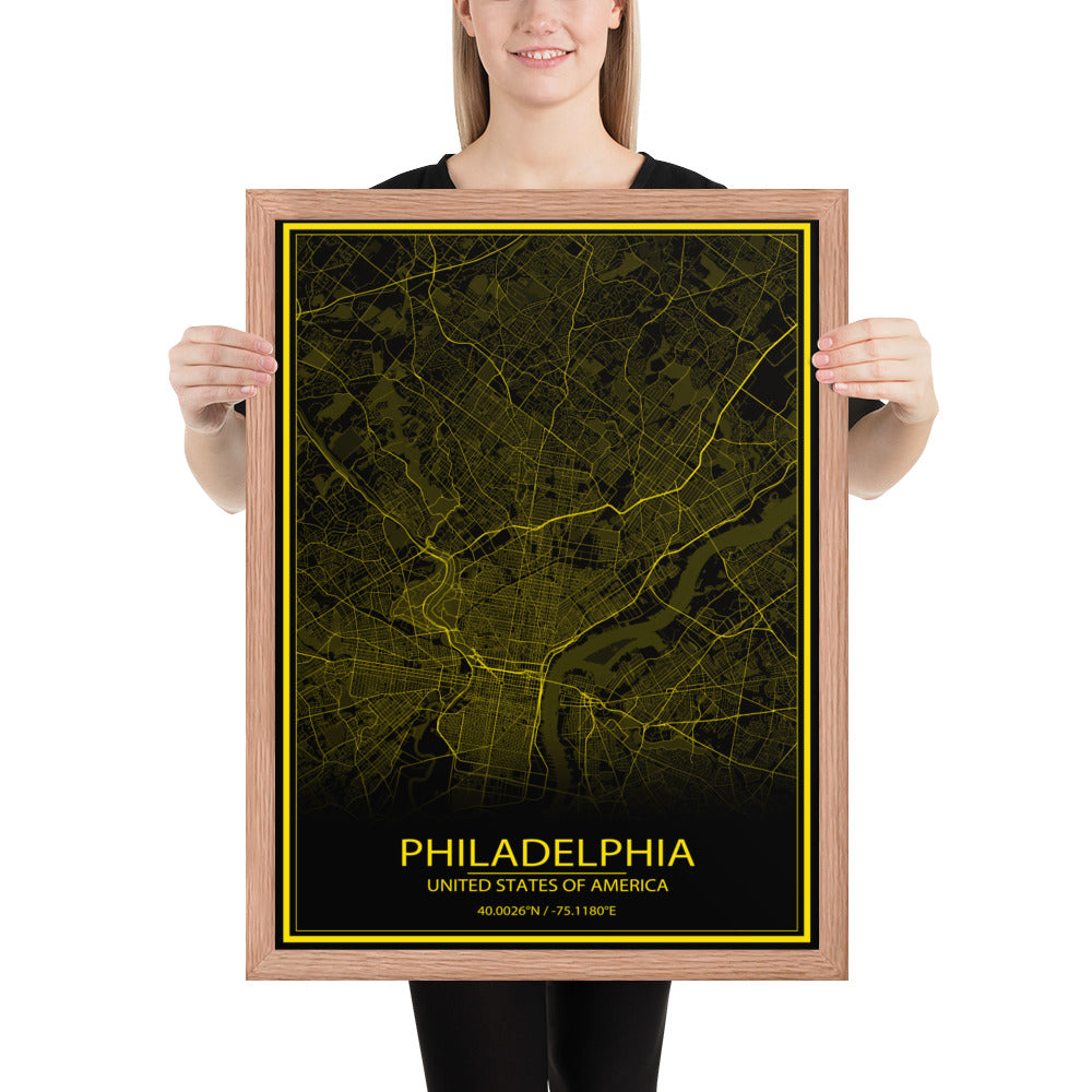 Philadelphia Black and Yellow Framed Map