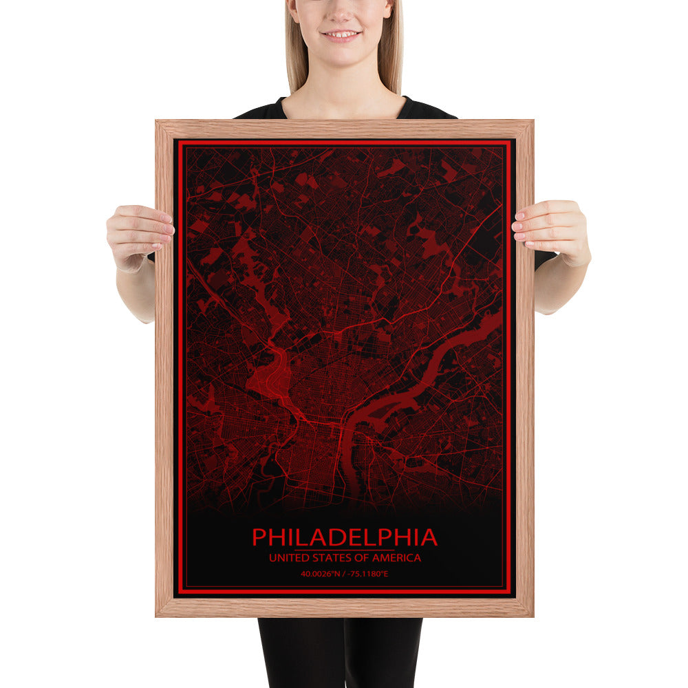 Philadelphia Black and Red Framed Map