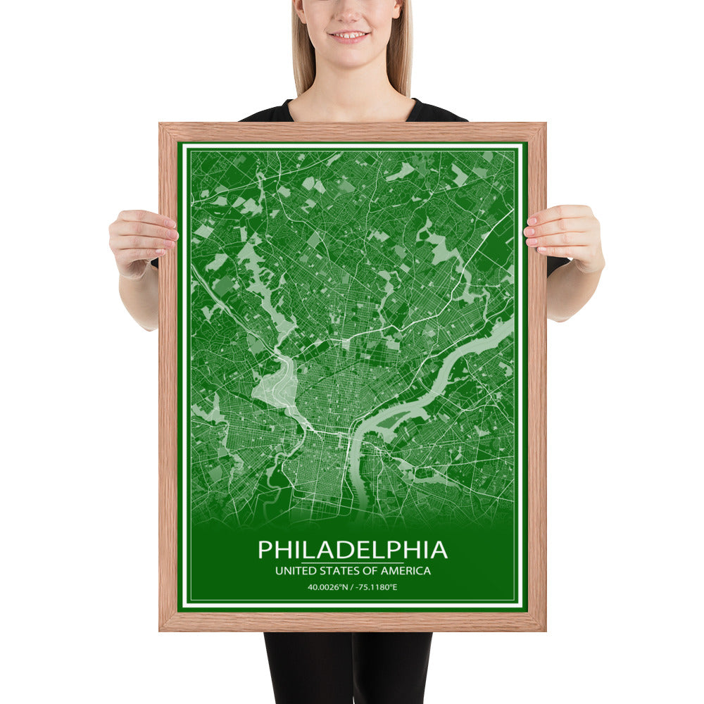 Philadelphia Green and White Framed Map