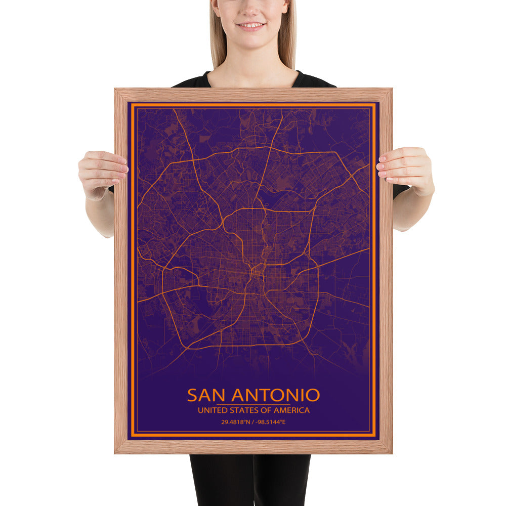 San Antonio Purple and Orange Framed Map