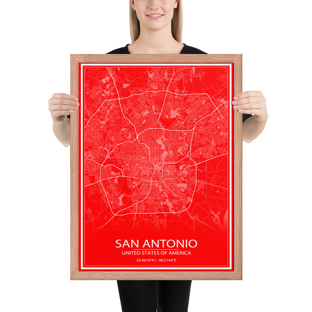 San Antonio Red and White Framed Map