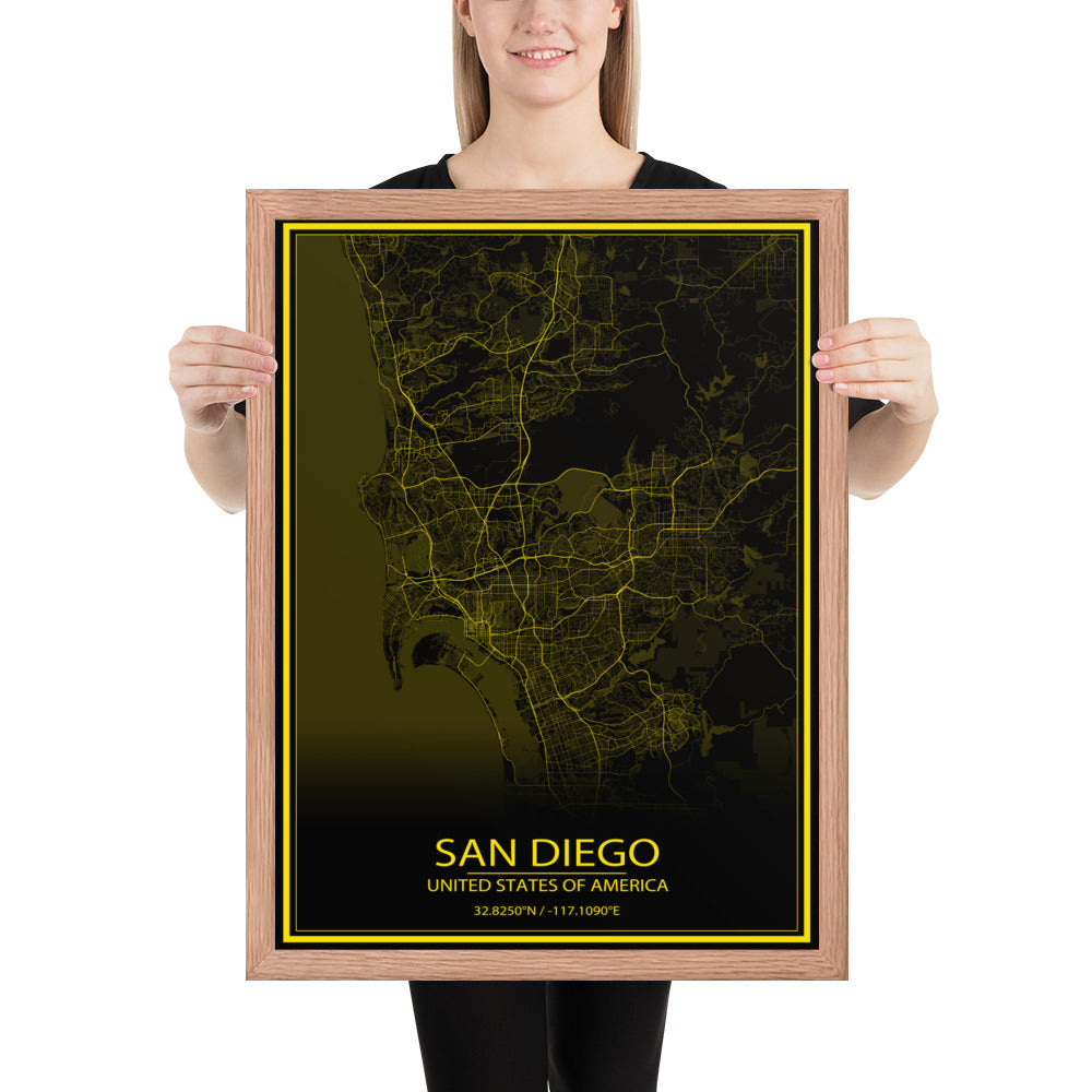 San Diego Black and Yellow Framed Map