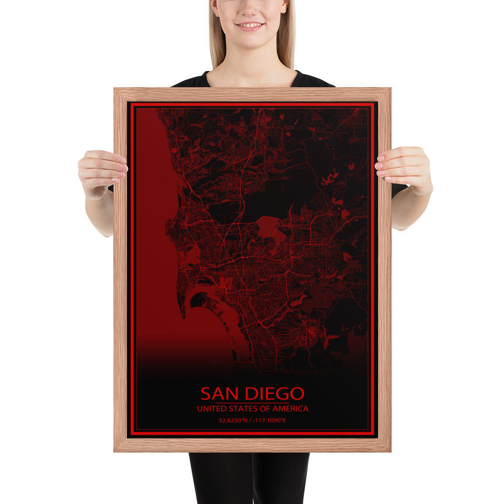 San Diego Black and Red Framed Map