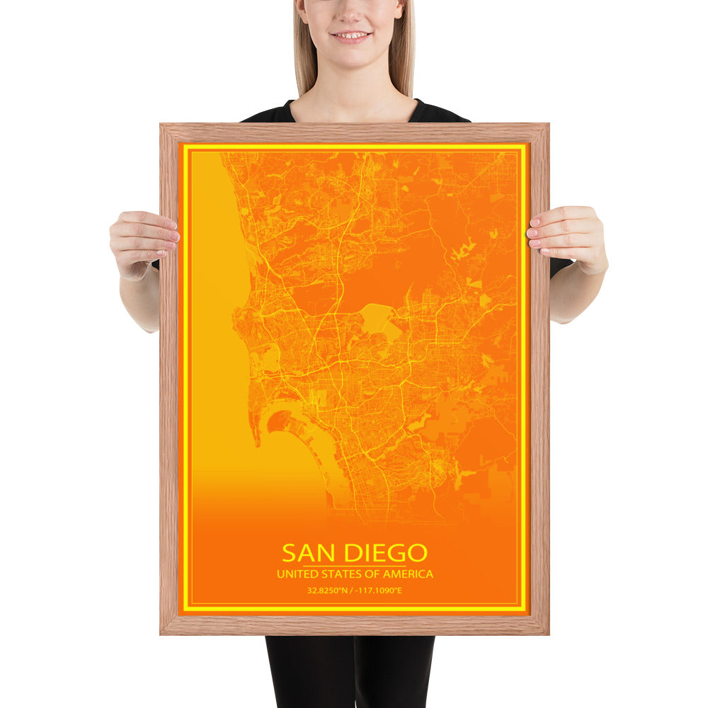 San Diego Orange and Yellow Framed Map