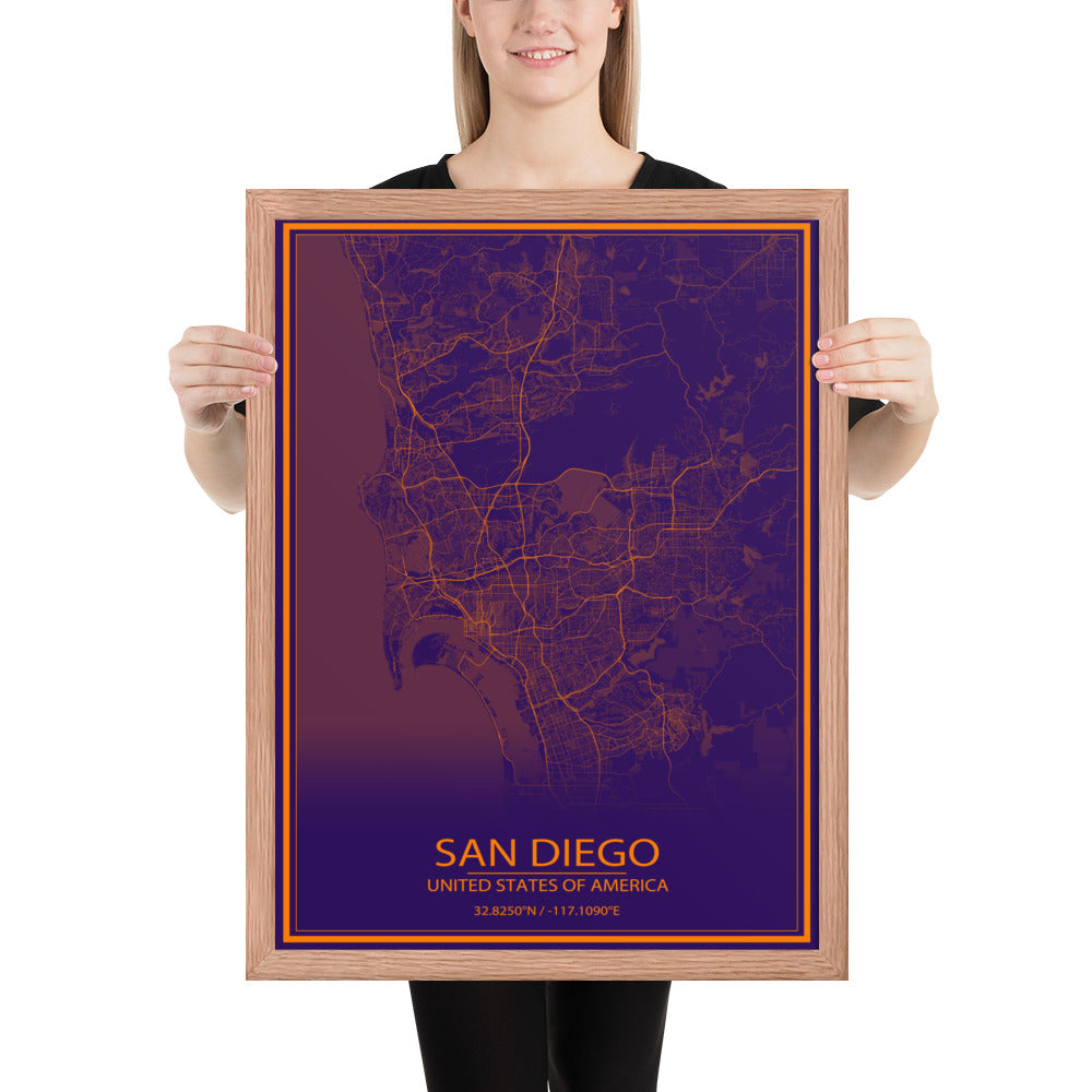 San Diego Purple and Orange Framed Map