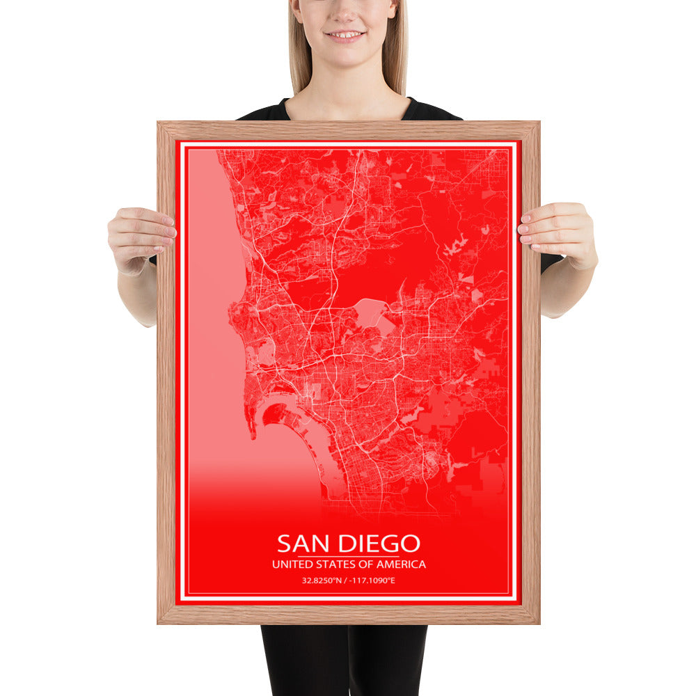 San Diego Red and White Framed Map