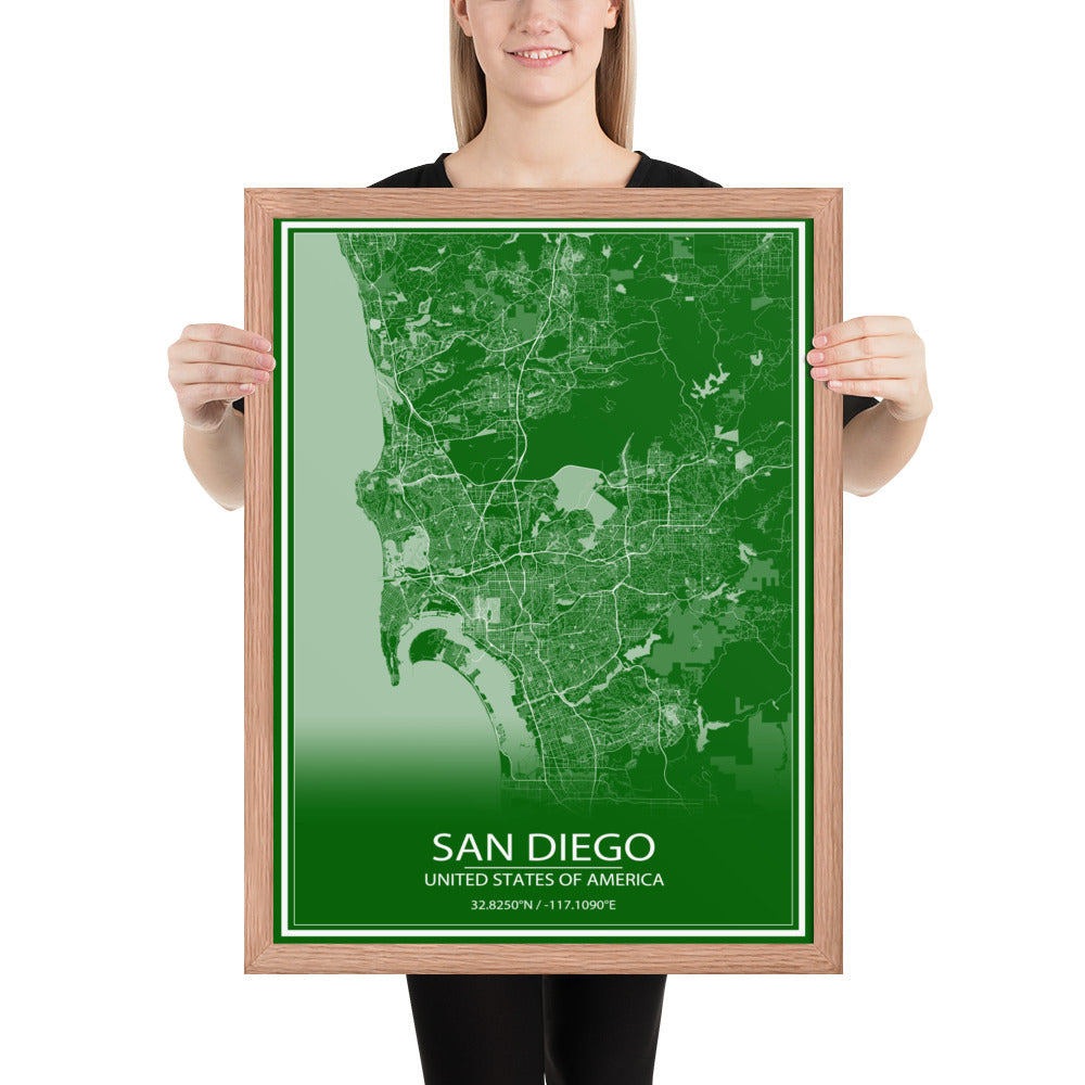 San Diego Green and White Framed Map