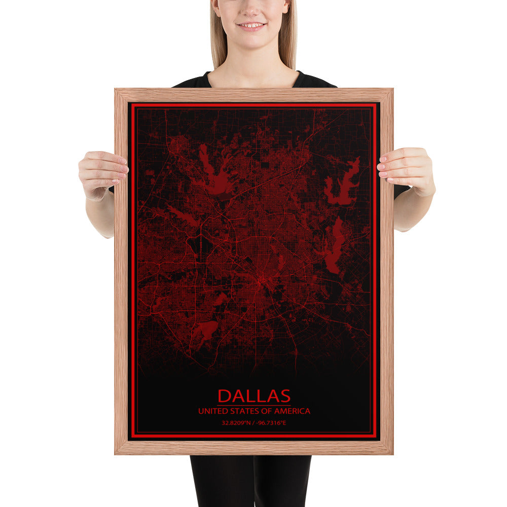 Dallas Black and Red Framed Map