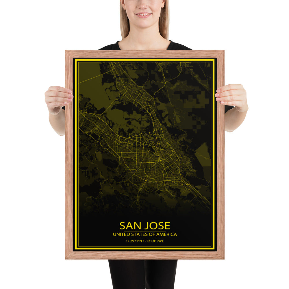 San Jose Black and Yellow Framed Map