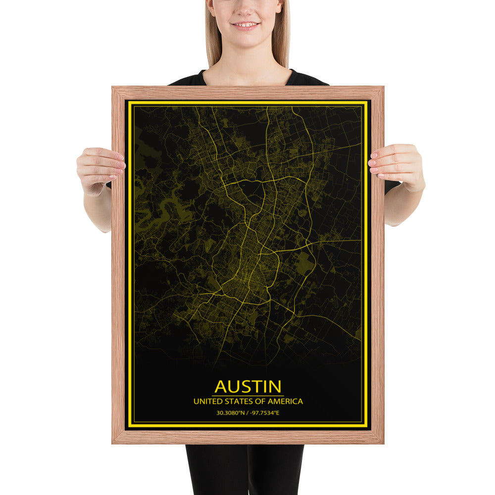 Austin Black and Yellow Framed Map