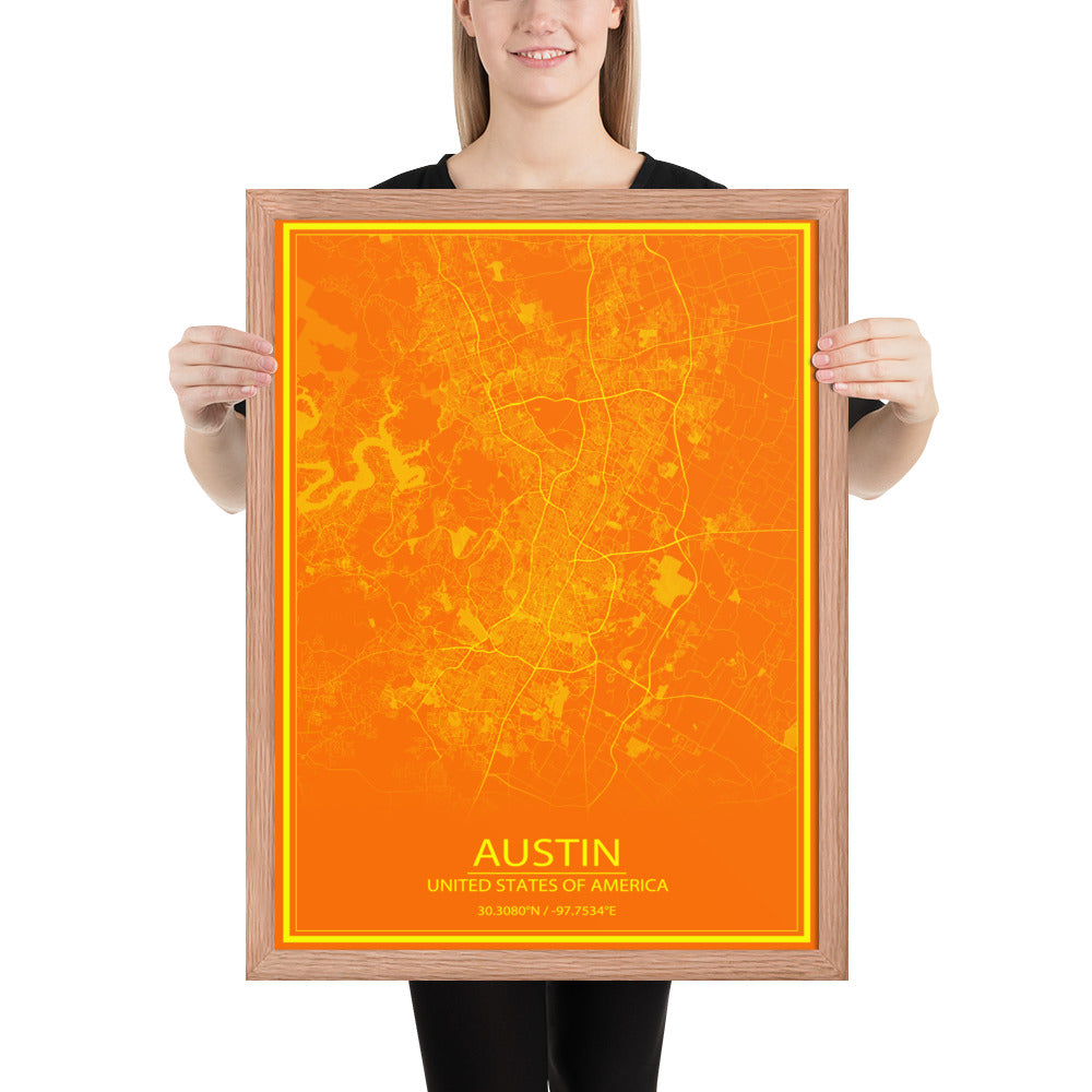 Austin Orange and Yellow Framed Map