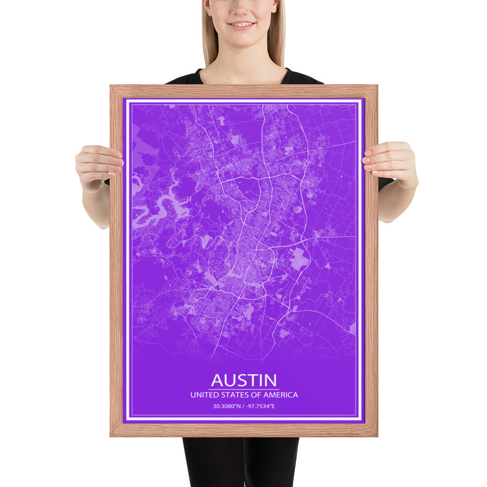 Austin Purple and White Framed Map