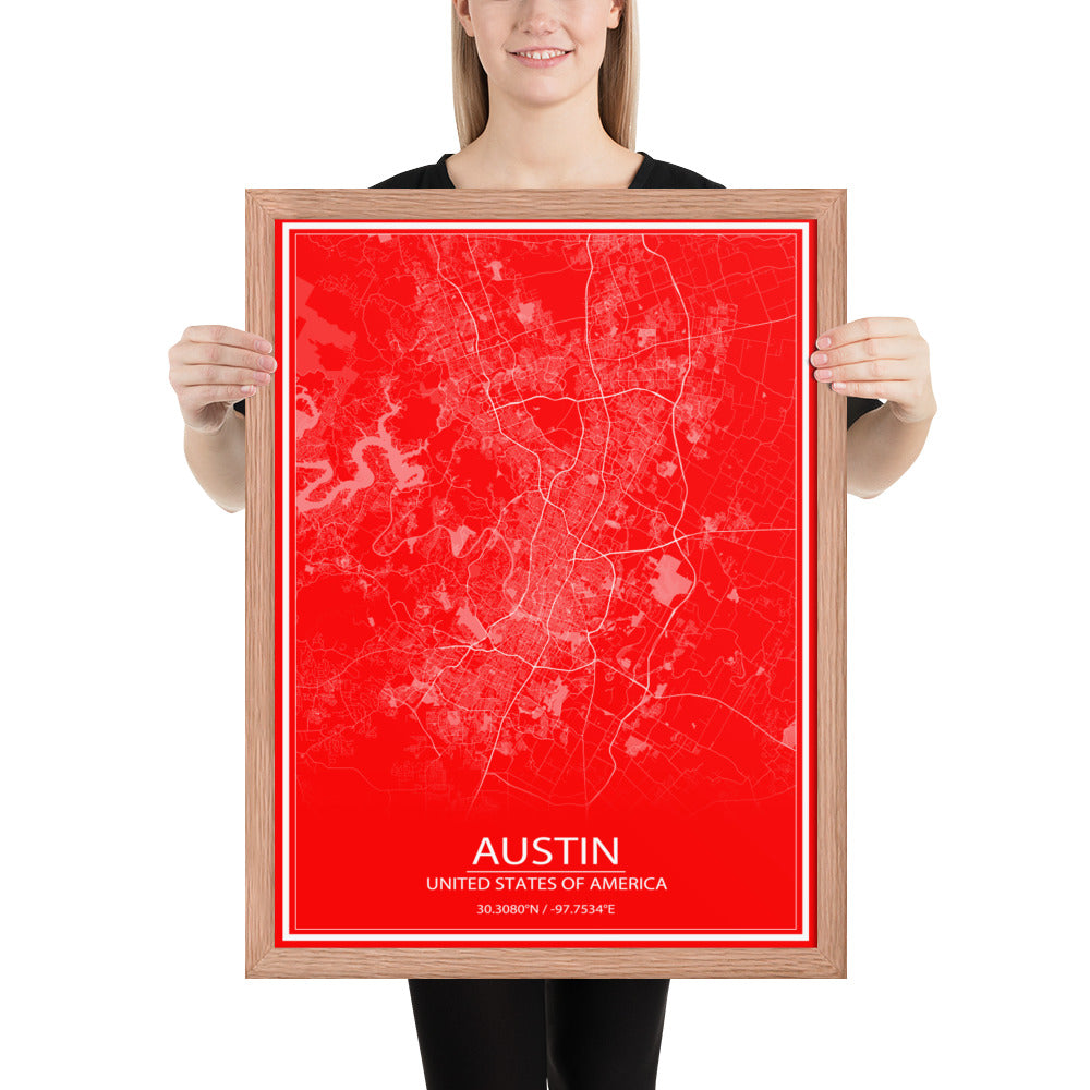 Austin Red and White Framed Map